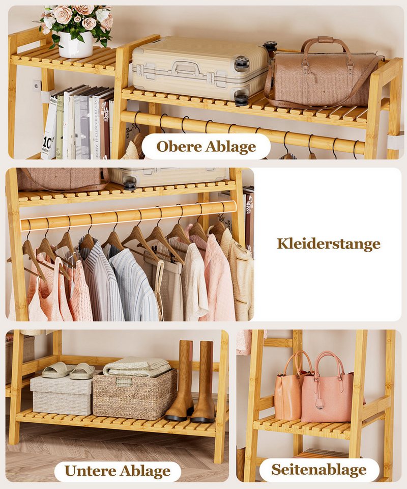 Yorbay Kleiderständer aus Bambus, Multifunktionale Garderobenständer 103x40x145 cm, 7 Ablagefächer Garderobe für Flur, Schlafzimmer & Büro – Bild 5 von 5