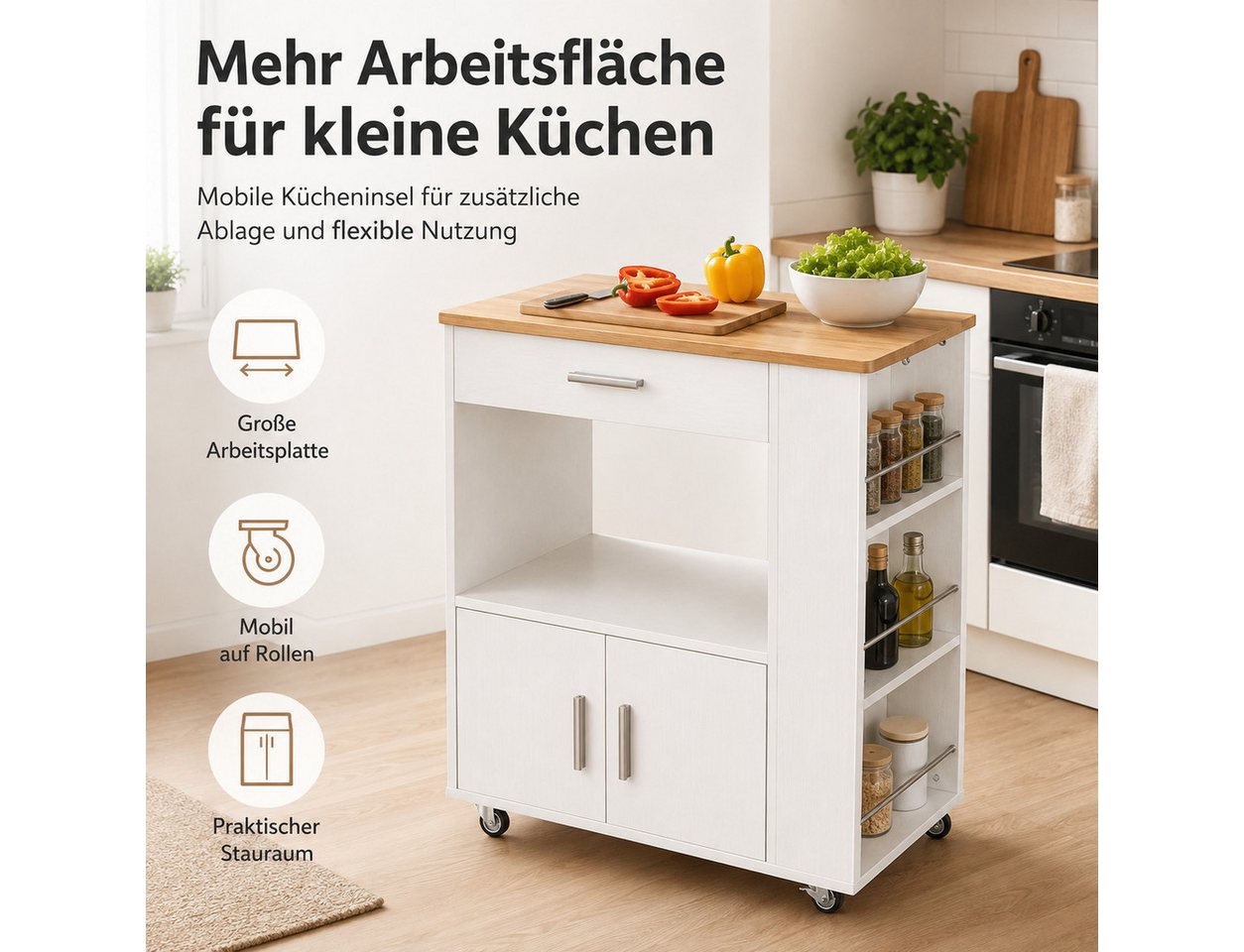 Yorbay Kücheninsel mit Rollen,Mobile Kücheninsel mit Arbeitsplatte, (Freistehender Küchenschrank, 75×46×88 cm), Küchenwagen mit Schublade und 3 Gewürzregalen – Bild 2 von 5