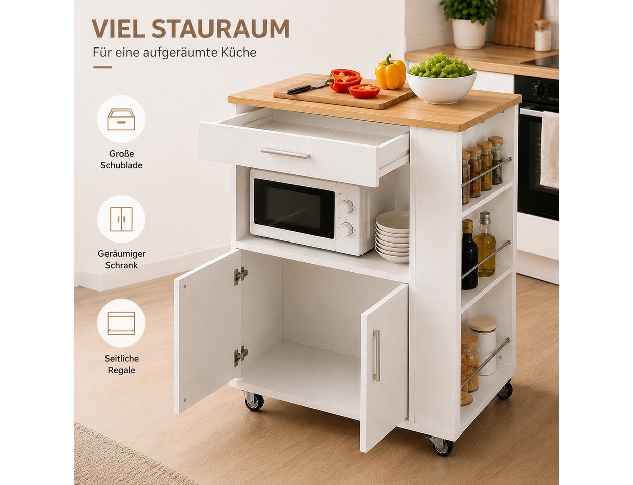 Yorbay Kücheninsel mit Rollen,Mobile Kücheninsel mit Arbeitsplatte, (Freistehender Küchenschrank, 75×46×88 cm), Küchenwagen mit Schublade und 3 Gewürzregalen – Bild 3 von 5