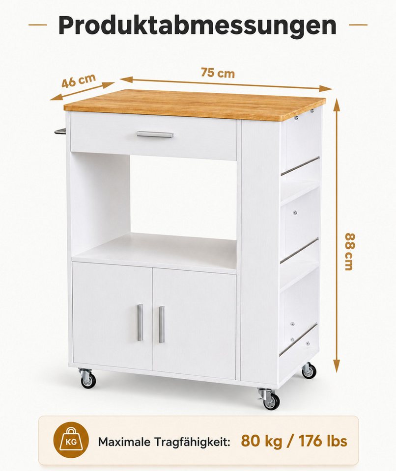 Yorbay Kücheninsel mit Rollen,Mobile Kücheninsel mit Arbeitsplatte, (Freistehender Küchenschrank, 75×46×88 cm), Küchenwagen mit Schublade und 3 Gewürzregalen – Bild 5 von 5