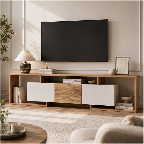 Yorbay Lowboard Lowboard Durchbrochenes Design TV Schrank, für TVs bis 85 Zoll, Holz Fernsehschrank mit 2 Klapptüren, Drehtür, 3 offenen Fächern