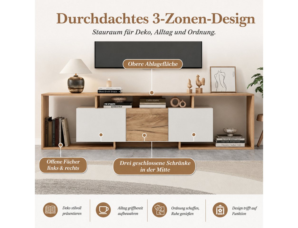 Yorbay Lowboard Lowboard Durchbrochenes Design TV Schrank, für TVs bis 85 Zoll, Holz Fernsehschrank mit 2 Klapptüren, Drehtür, 3 offenen Fächern – Bild 4 von 5