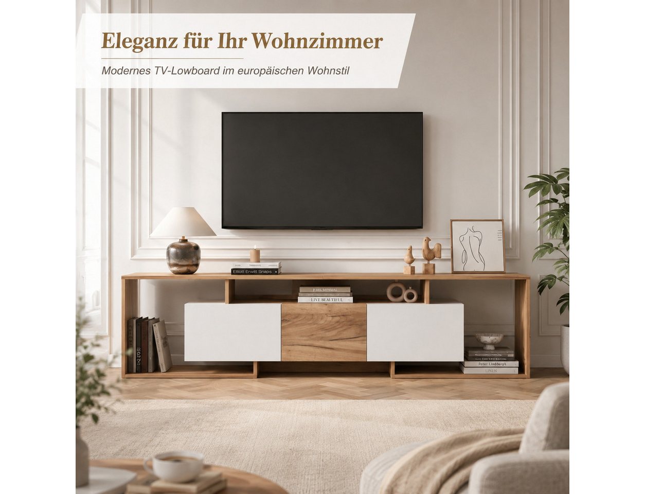 Yorbay Lowboard Lowboard Durchbrochenes Design TV Schrank, für TVs bis 85 Zoll, Holz Fernsehschrank mit 2 Klapptüren, Drehtür, 3 offenen Fächern – Bild 5 von 5
