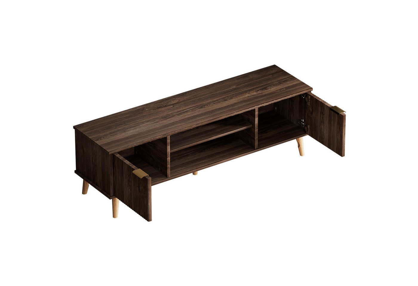 Yorbay Lowboard TV Schrank stehend, für Fernsehen bis zu 65 Zoll, 147cm Breit, Vintage TV Möbel mit 2 Türen, Holz Beine&Goldene Griffer,Vintage Braun – Bild 2 von 5
