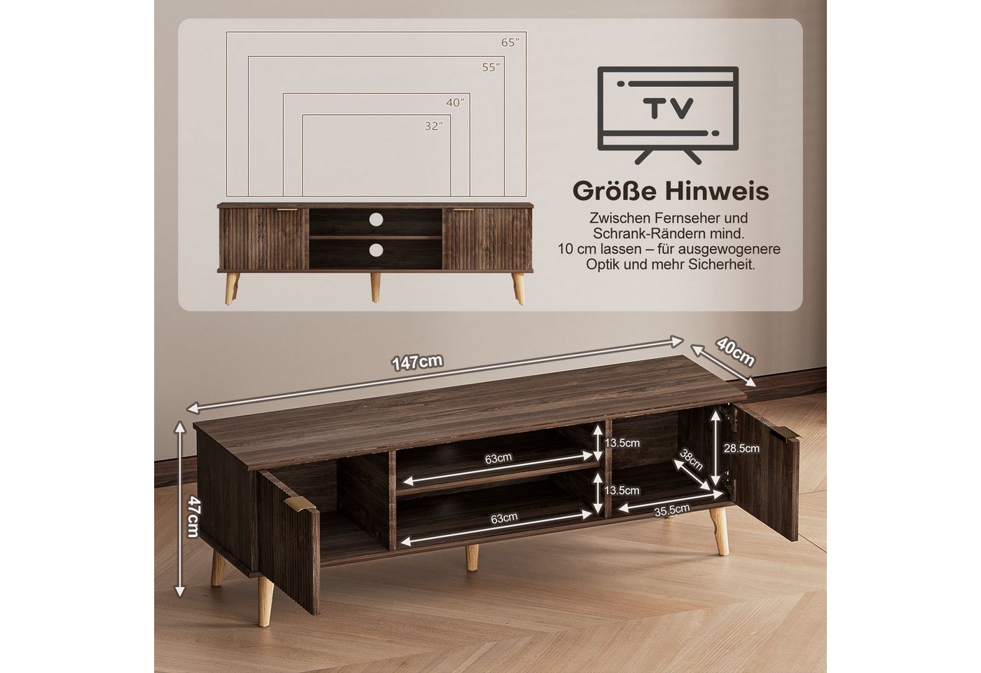 Yorbay Lowboard TV Schrank stehend, für Fernsehen bis zu 65 Zoll, 147cm Breit, Vintage TV Möbel mit 2 Türen, Holz Beine&Goldene Griffer,Vintage Braun – Bild 5 von 5