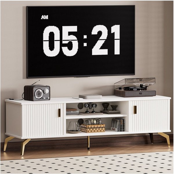 Yorbay Lowboard TV Schrank stehend, für Fernsehen bis zu 65 Zoll, 147cm Breit, Design TV Möbel mit 2 Türen,Metall Beine&Goldener Griffen,Modern Weiß