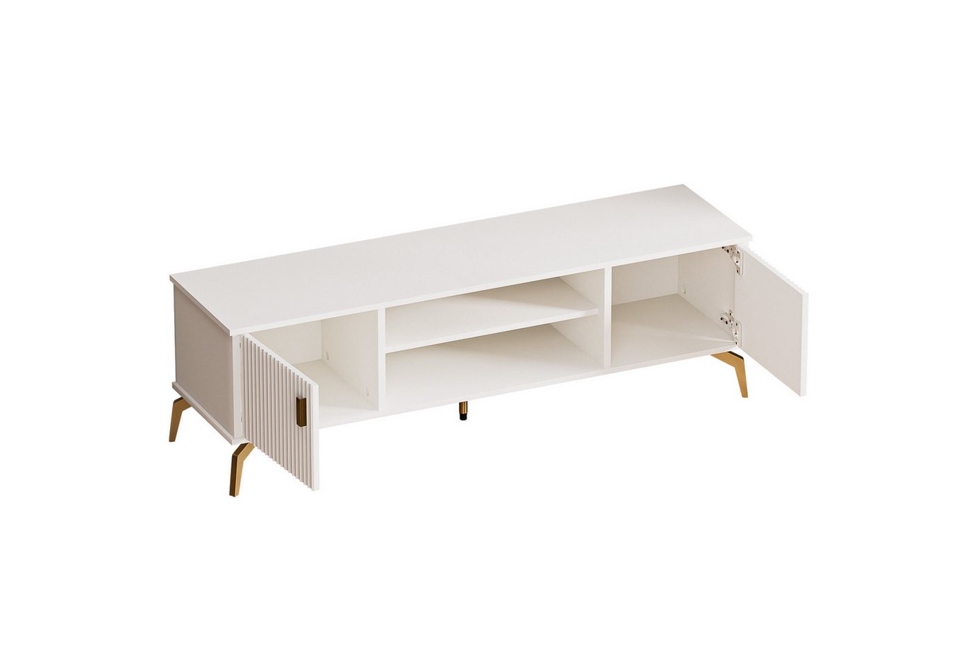Yorbay Lowboard TV Schrank stehend, für Fernsehen bis zu 65 Zoll, 147cm Breit, Design TV Möbel mit 2 Türen,Metall Beine&Goldener Griffen,Modern Weiß – Bild 2 von 5