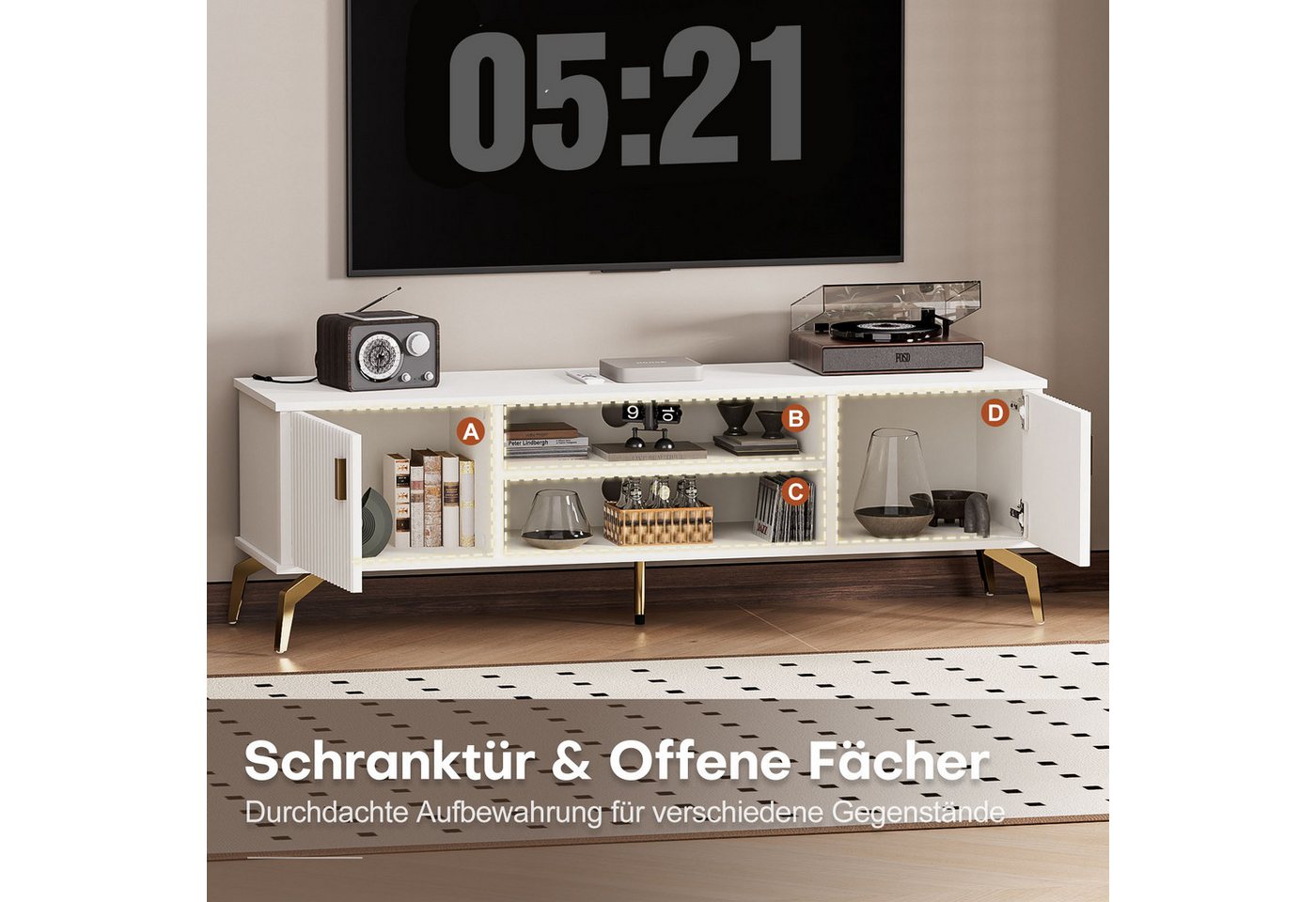 Yorbay Lowboard TV Schrank stehend, für Fernsehen bis zu 65 Zoll, 147cm Breit, Design TV Möbel mit 2 Türen,Metall Beine&Goldener Griffen,Modern Weiß – Bild 4 von 5
