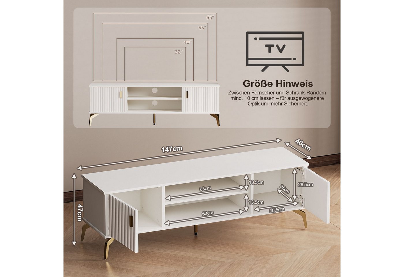 Yorbay Lowboard TV Schrank stehend, für Fernsehen bis zu 65 Zoll, 147cm Breit, Design TV Möbel mit 2 Türen,Metall Beine&Goldener Griffen,Modern Weiß – Bild 5 von 5