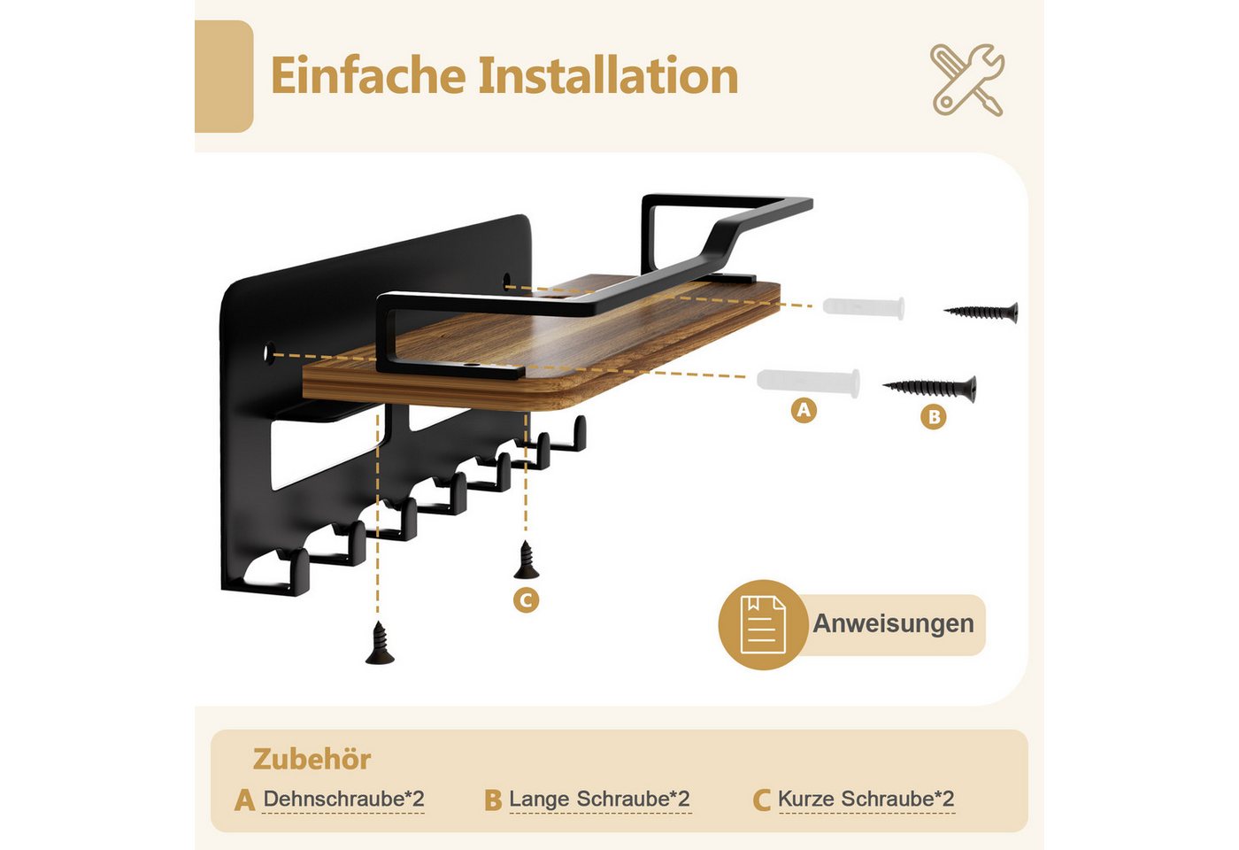 Yorbay Schlüsselbrett mit Holzablage, Schlüsselorganizer, Schlüsselhalter, 7 Haken + Ablagefläche – Bild 5 von 5