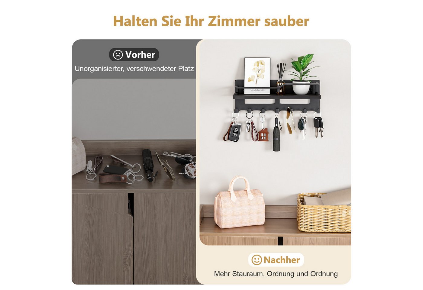 Yorbay Schlüsselbrett mit Holzablage, Schlüsselorganizer, Schlüsselhalter, 7 Haken + Ablagefläche – Bild 4 von 5