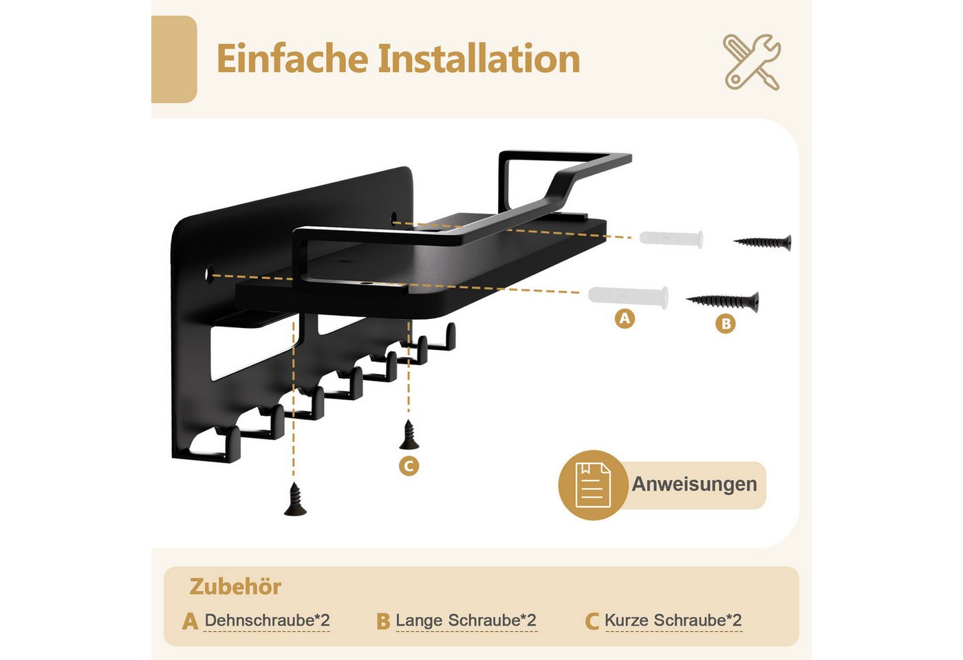 Yorbay Schlüsselbrett mit Holzablage, Schlüsselorganizer, Schlüsselhalter, 7 Haken + Ablagefläche – Bild 5 von 5