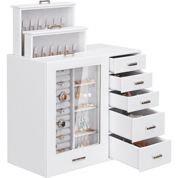 Yorbay Schmuckkasten Groß mit 8 Schubladen, Schmuckkoffer mit Glasfenster für Damen, Schmuckschatulle für Halsketten, Ringe, Armbänder, Ohrringe
