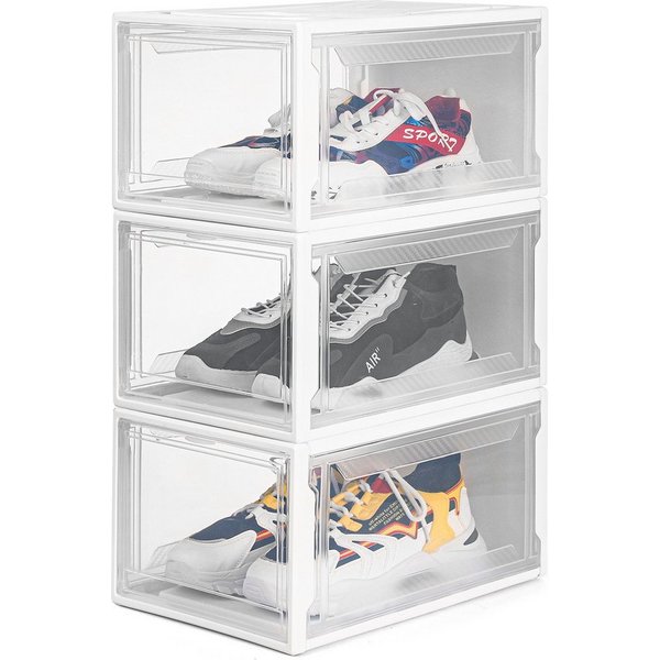 Yorbay Schuhbox 3er Set Schuhbox, stapelbarer Schuhorganizer, Schuhaufbewahrung (Kunststoffbox mit halbdurchsichtige Tür), Halbdurchsichtig weiß, für Schuhe bis