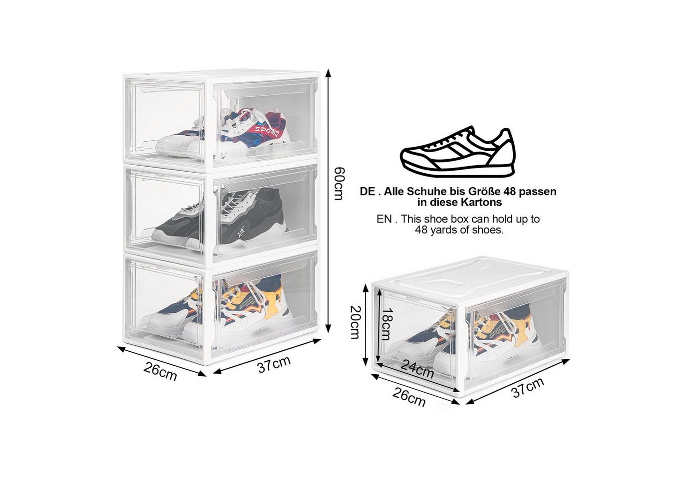 Yorbay Schuhbox 3er Set Schuhbox, stapelbarer Schuhorganizer, Schuhaufbewahrung (Kunststoffbox mit halbdurchsichtige Tür), Halbdurchsichtig weiß, für Schuhe bis – Bild 2 von 5