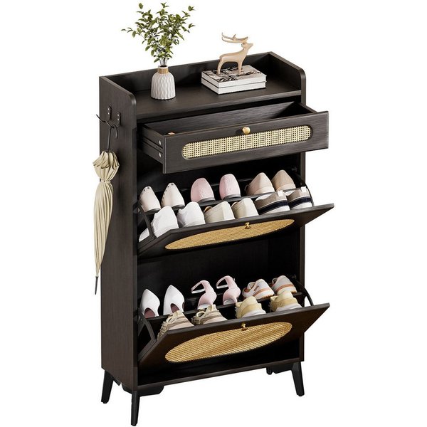 Yorbay Schuhschrank Schmal,Schuhkipper mit 2 Klappen & 1 Schublade,Rattan-Deko (60 x 24 x 110,5 cm) Metallbeinen & Haken, für Flur & Eingangsbereich