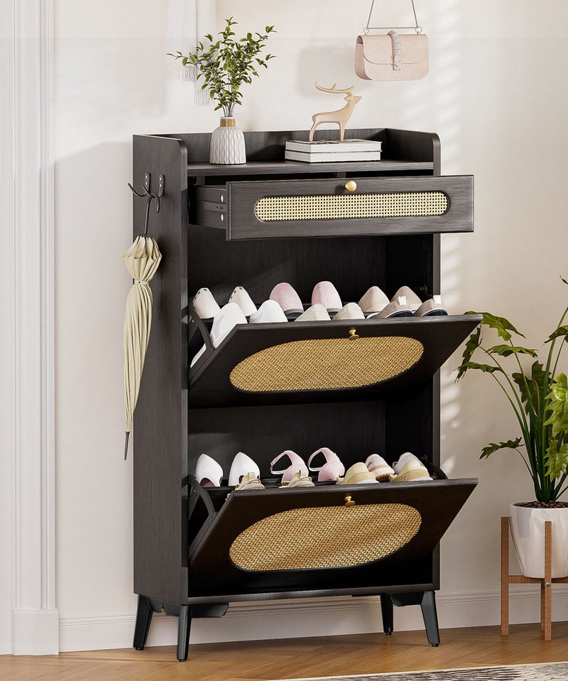 Yorbay Schuhschrank Schmal,Schuhkipper mit 2 Klappen & 1 Schublade,Rattan-Deko (60 x 24 x 110,5 cm) Metallbeinen & Haken, für Flur & Eingangsbereich – Bild 3 von 5