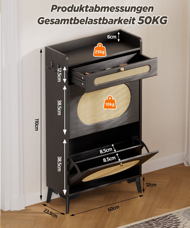 Yorbay Schuhschrank Schmal,Schuhkipper mit 2 Klappen & 1 Schublade,Rattan-Deko (60 x 24 x 110,5 cm) Metallbeinen & Haken, für Flur & Eingangsbereich – Bild 4 von 5