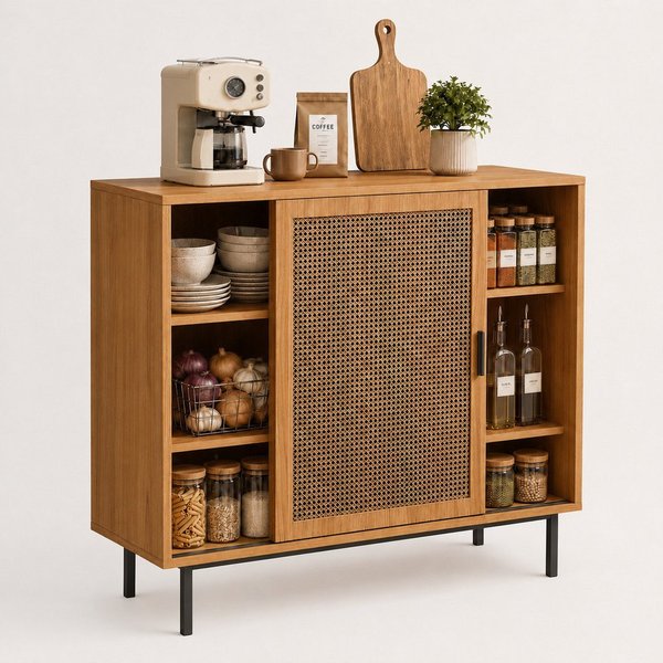 Yorbay Sideboard Küchenschrank, Kommode Aufbewahrungsschrank mit 2 Schiebetüren (Set), 100x37x90 cm Verstellbare Regalböden, geeignet für Wohn- und Esszimmer