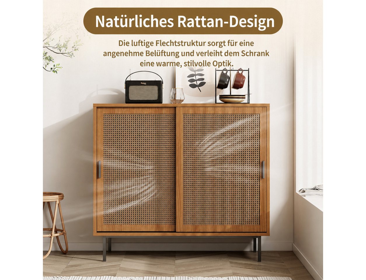 Yorbay Sideboard Küchenschrank, Kommode Aufbewahrungsschrank mit 2 Schiebetüren (Set), 100x37x90 cm Verstellbare Regalböden, geeignet für Wohn- und Esszimmer – Bild 2 von 5