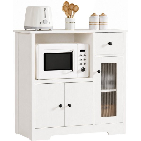 Yorbay Sideboard mit Kabeldurchlass & Acrylglastür, Küchenschrank Vitrine (80×40×80 cm, weiß), für Mikrowelle, Kaffeeecke & Wohnzimmer