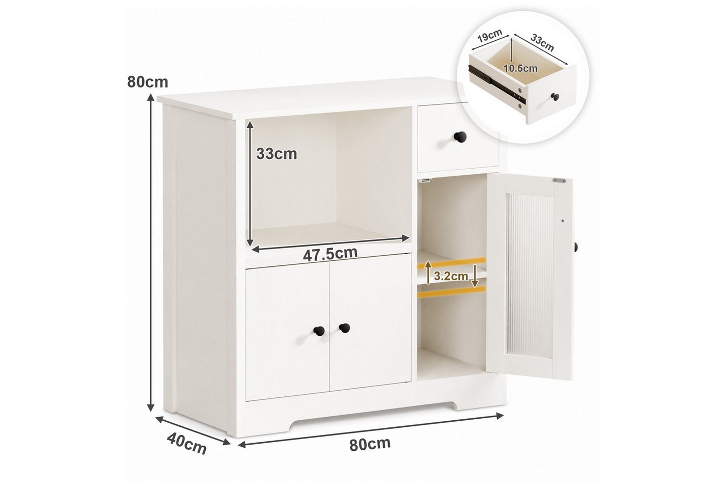 Yorbay Sideboard mit Kabeldurchlass & Acrylglastür, Küchenschrank Vitrine (80×40×80 cm, weiß), für Mikrowelle, Kaffeeecke & Wohnzimmer – Bild 2 von 5