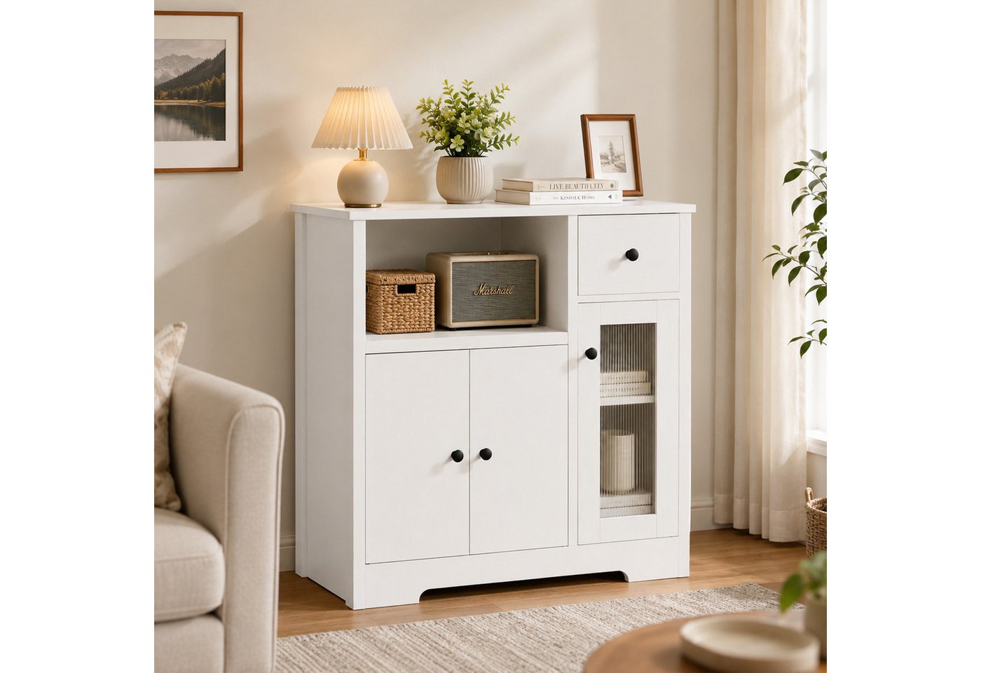 Yorbay Sideboard mit Kabeldurchlass & Acrylglastür, Küchenschrank Vitrine (80×40×80 cm, weiß), für Mikrowelle, Kaffeeecke & Wohnzimmer – Bild 4 von 5