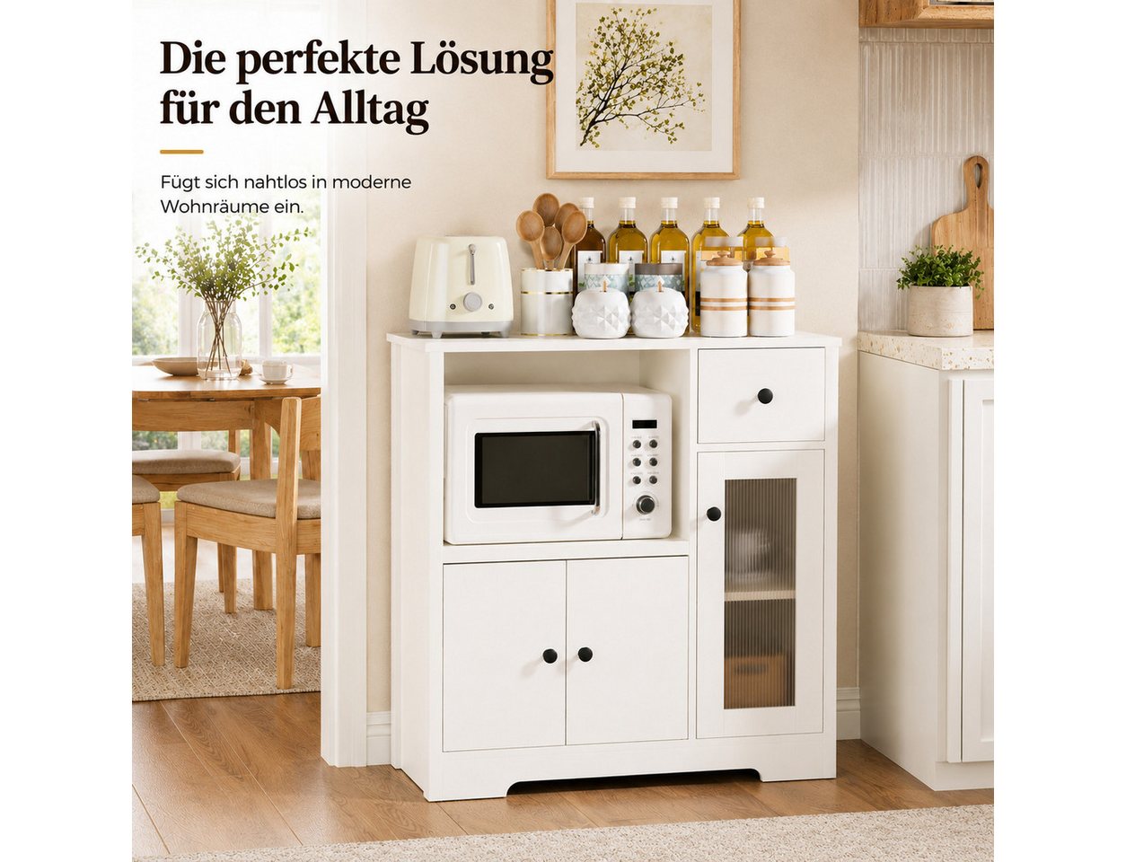 Yorbay Sideboard mit Kabeldurchlass & Acrylglastür, Küchenschrank Vitrine (80×40×80 cm, weiß), für Mikrowelle, Kaffeeecke & Wohnzimmer – Bild 5 von 5