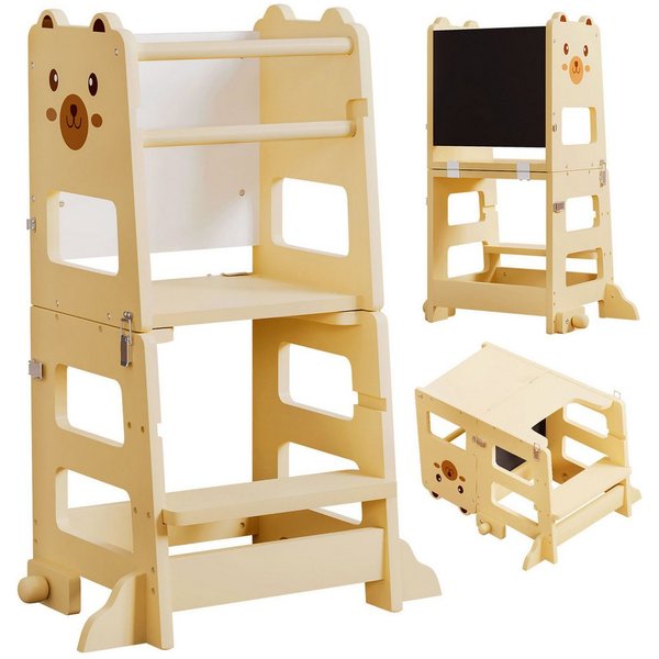 Yorbay Stehhilfe Lernturm (seitlichem Umkippschutz, 2 höhenverstellbaren Stufen), verstellbar zum Kindertisch inkl. Tafel