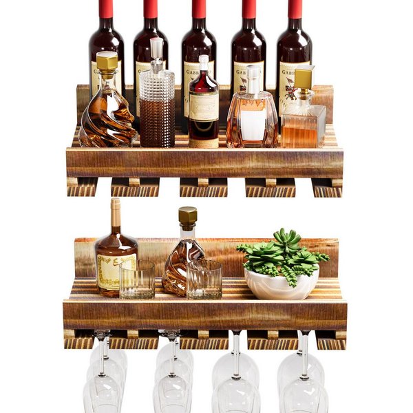Yorbay Weinregal Set, Weinregal aus Holz Wandregal für Flaschen & Gläser, Wandregal Wandmontiertes Weinregal