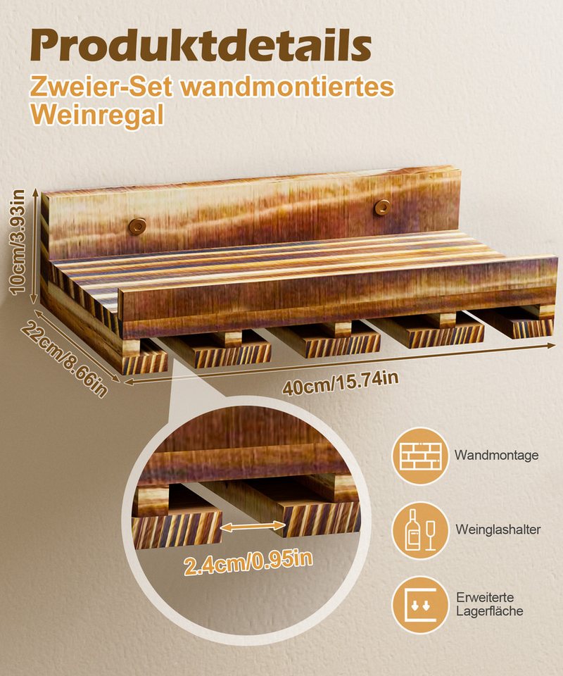 Yorbay Weinregal Set, Weinregal aus Holz Wandregal für Flaschen & Gläser, Wandregal Wandmontiertes Weinregal – Bild 3 von 5