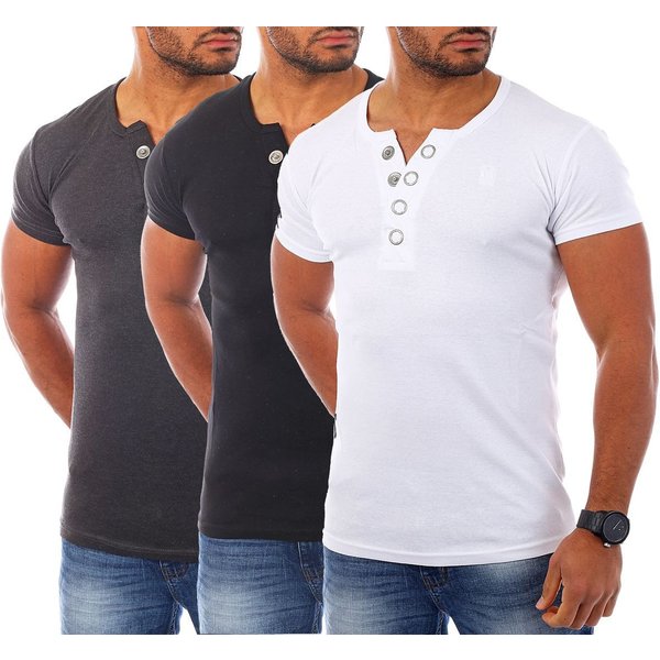 Young & Rich T-Shirt Herren basic fein gerippt mit trendigen extra großen Knöpfen 1872 mit Knopfleiste unifarben kurzarm slim fit
