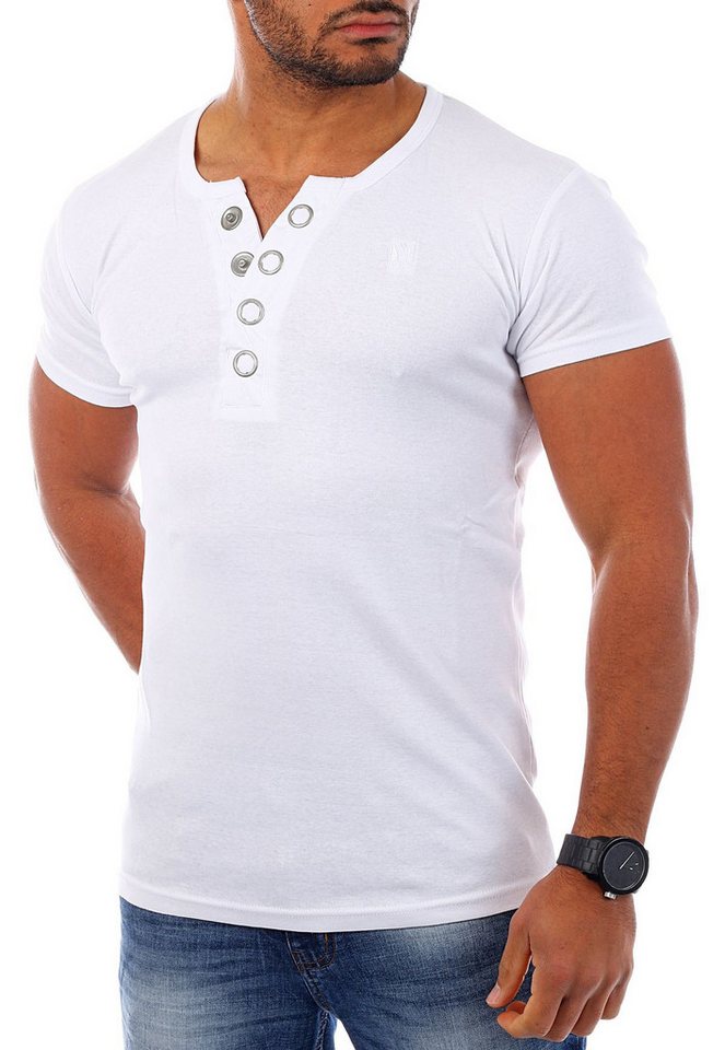 Young & Rich T-Shirt Herren basic fein gerippt mit trendigen extra großen Knöpfen 1872 mit Knopfleiste unifarben kurzarm slim fit – Bild 2 von 5