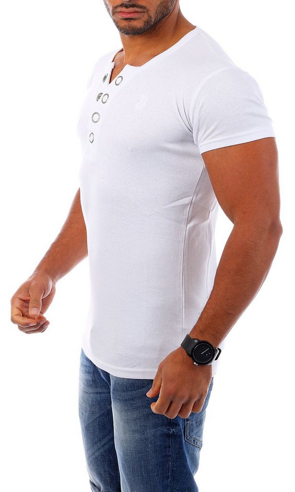 Young & Rich T-Shirt Herren basic fein gerippt mit trendigen extra großen Knöpfen 1872 mit Knopfleiste unifarben kurzarm slim fit – Bild 3 von 5