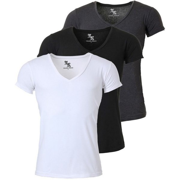 Young & Rich T-Shirt Herren Uni Basic 1315 extra tiefer Ausschnitt 3er Pack (3er-Pack, 3-tlg., 3er-Pack) V-Ausschnitt unifarben kurzarm slim fit