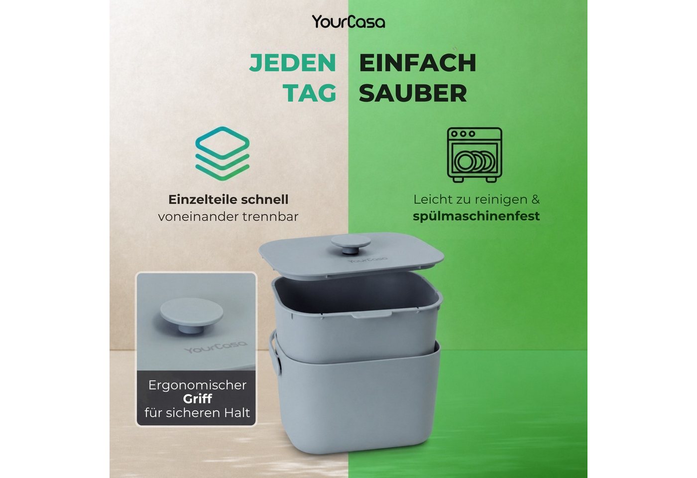 YourCasa Biomülleimer Küche 5L - Komposteimer Küche mit Sieb Spülmaschinenfest, Fassungsvermögen 5L, Spülmaschinenfest – Bild 5 von 5