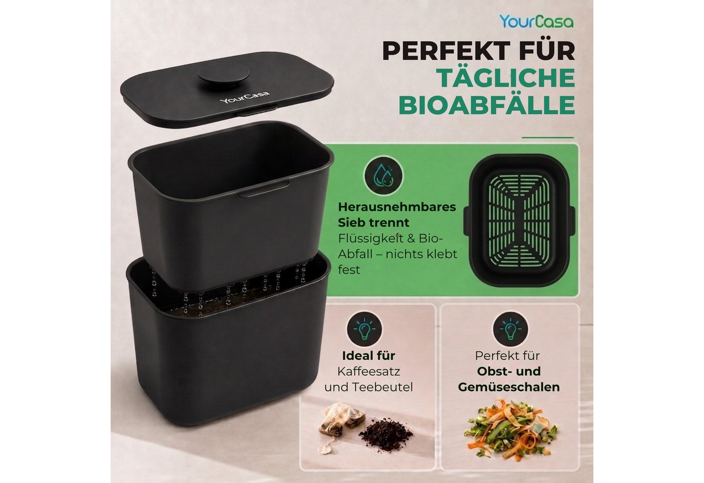 YourCasa Biomülleimer Küche 5L - Komposteimer Küche mit Sieb Spülmaschinenfest, Fassungsvermögen 5L, Spülmaschinenfest – Bild 4 von 5
