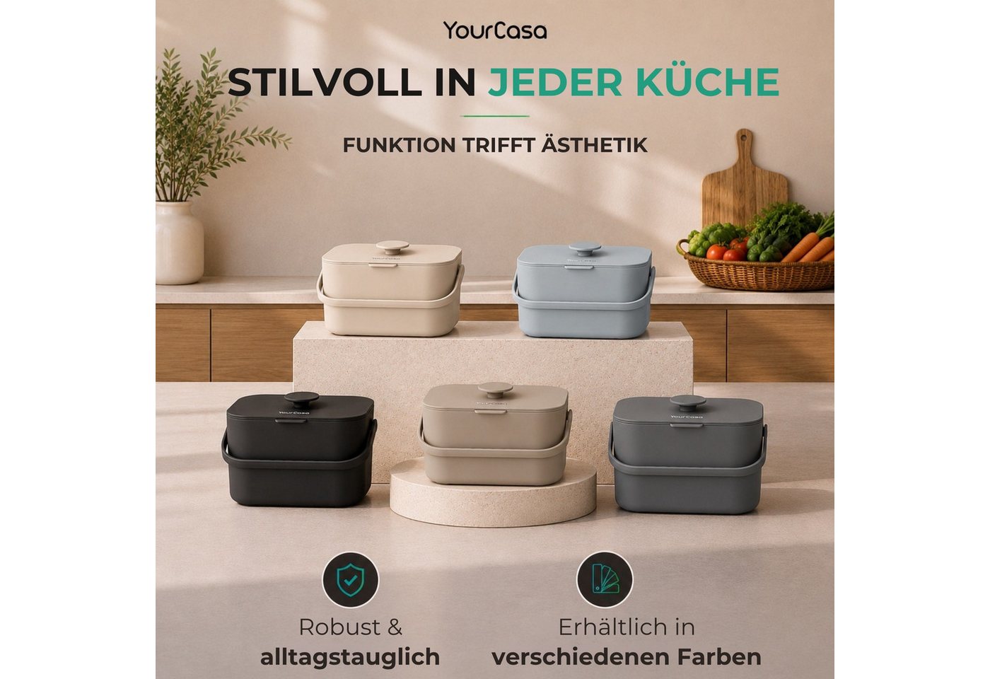 YourCasa Biomülleimer Küche 5L - Komposteimer Küche mit Sieb Spülmaschinenfest, Fassungsvermögen 5L, Spülmaschinenfest – Bild 3 von 5