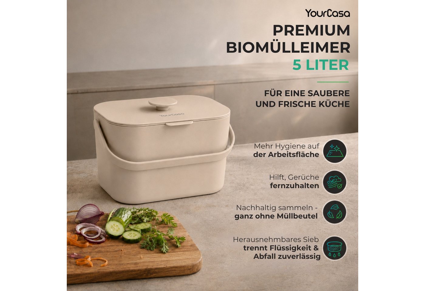 YourCasa Biomülleimer Küche 5L - Komposteimer Küche mit Sieb Spülmaschinenfest, Fassungsvermögen 5L, Spülmaschinenfest – Bild 2 von 5