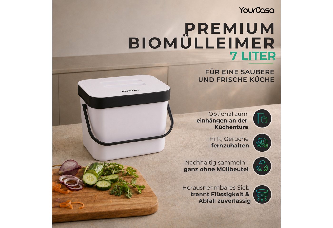 YourCasa Biomülleimer Küche 7L mit Halterung, Sieb und Deckel, 7 Liter, Mit Halterung – Bild 2 von 5