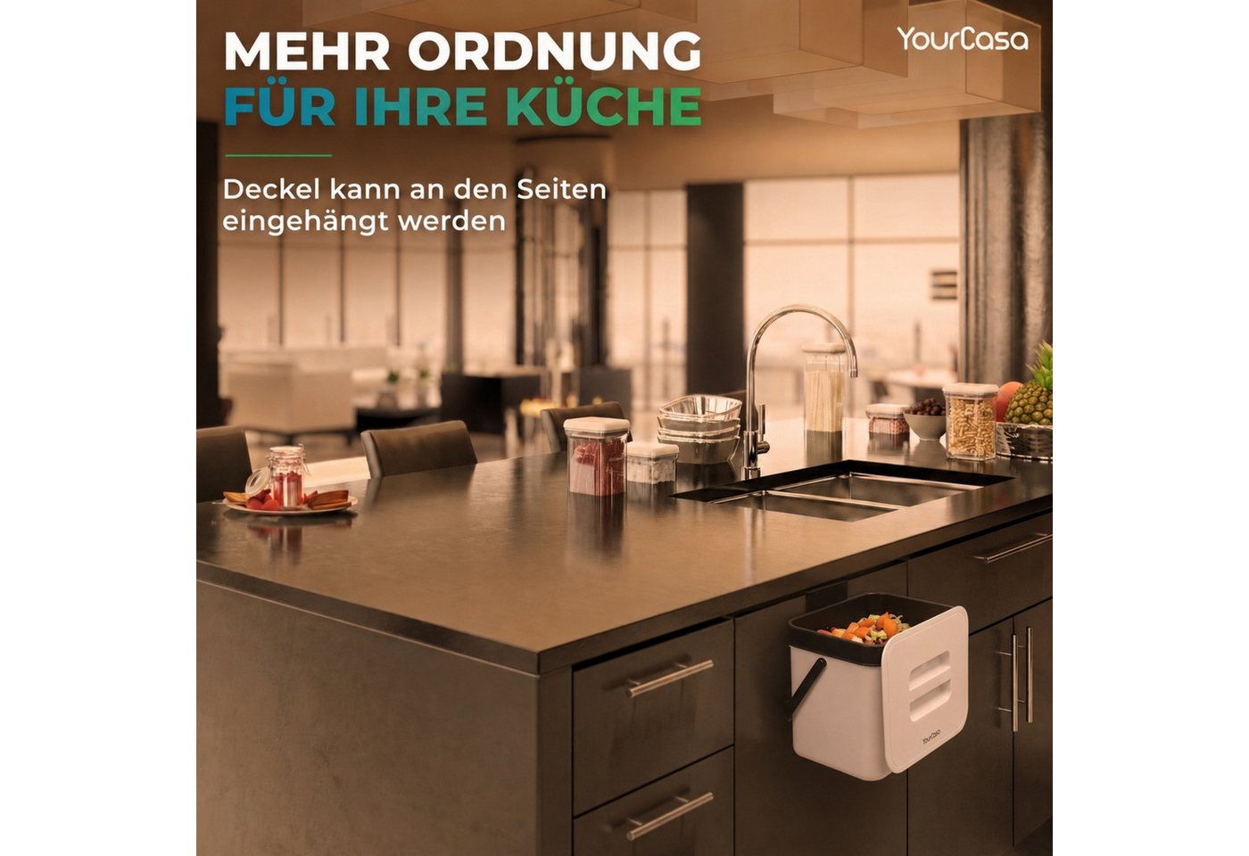 YourCasa Biomülleimer Küche 7L mit Halterung, Sieb und Deckel, 7 Liter, Mit Halterung – Bild 3 von 5