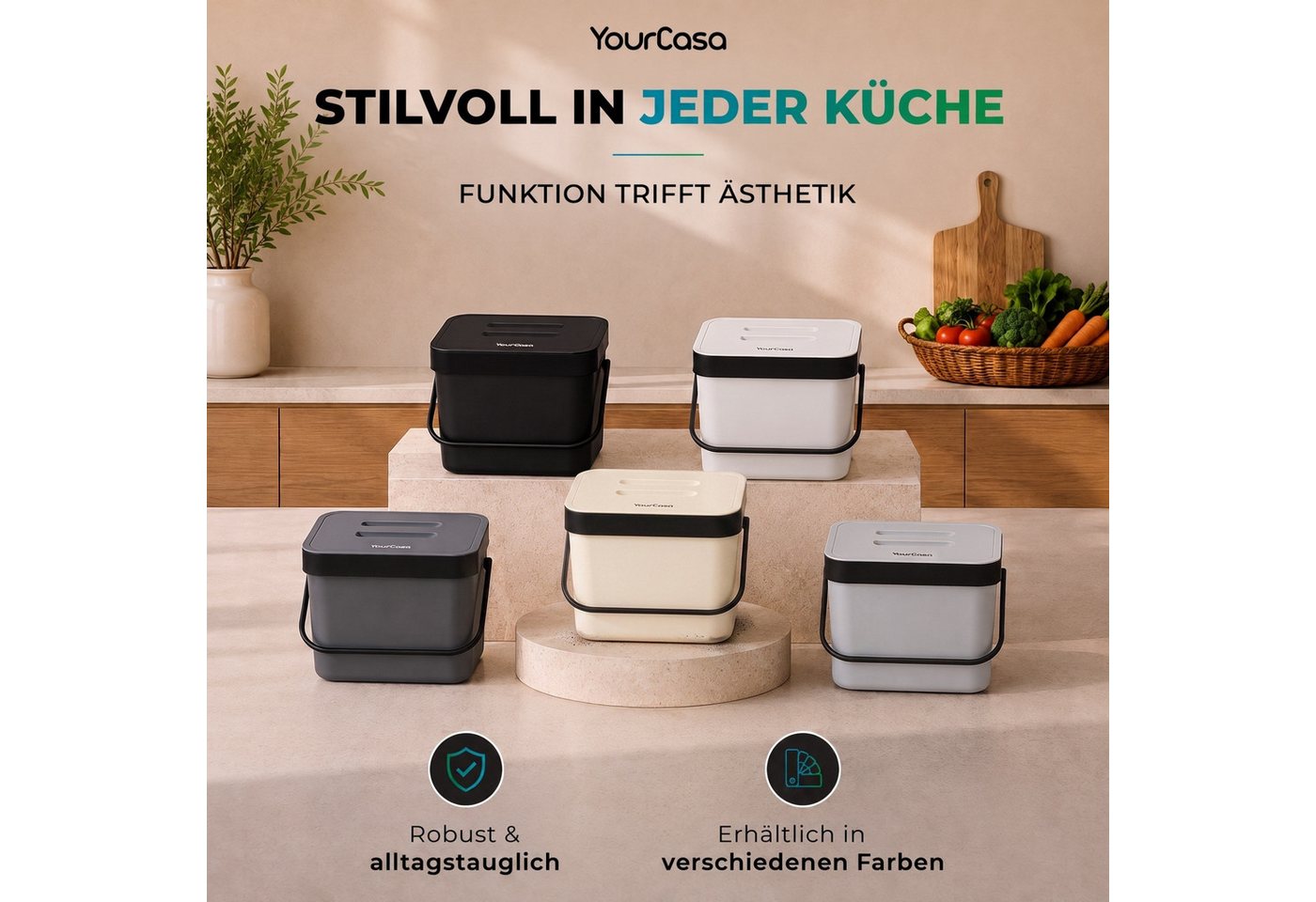 YourCasa Biomülleimer Küche 7L mit Halterung, Sieb und Deckel, 7 Liter, Mit Halterung – Bild 4 von 5