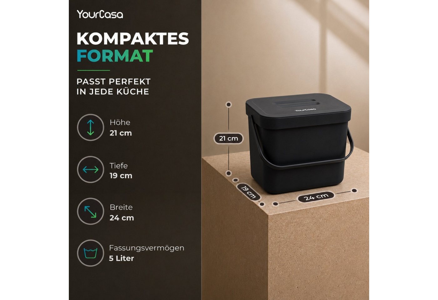 YourCasa Biomülleimer Küche 7L mit Halterung, Sieb und Deckel, 7 Liter, Mit Halterung – Bild 5 von 5