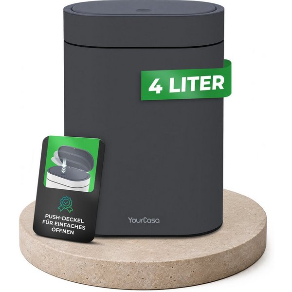 YourCasa Mülleimer Badezimmer Mülleimer 4L mit Deckel, Kosmetikeimer Bad, Push-Deckel, herausnehmbare Inneneimer, pulverbeschichtete Stahlgehäuse
