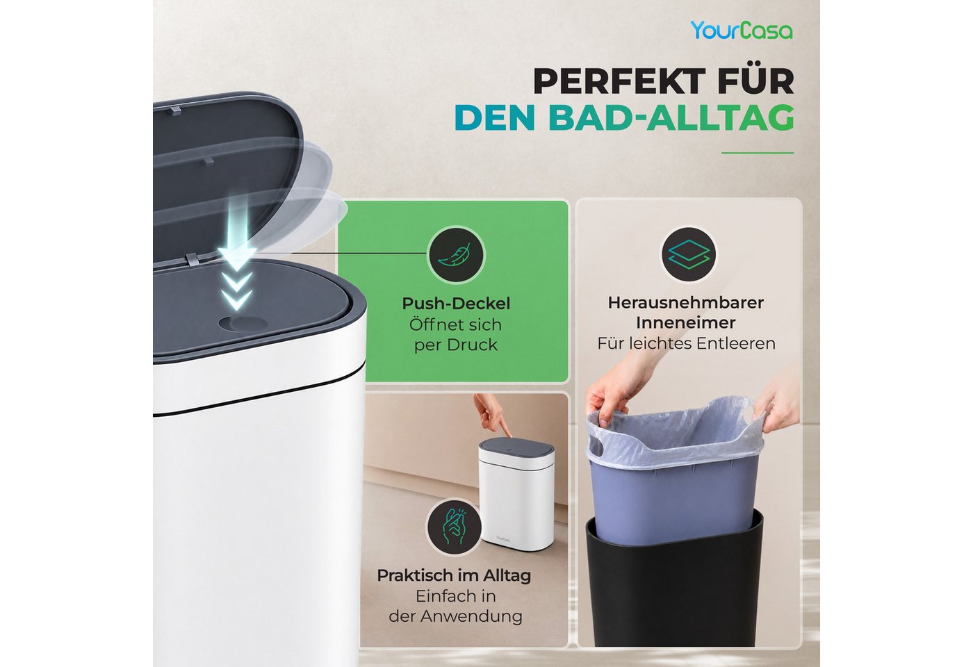 YourCasa Mülleimer Badezimmer Mülleimer 4L mit Deckel, Kosmetikeimer Bad, Push-Deckel, herausnehmbare Inneneimer, pulverbeschichtete Stahlgehäuse – Bild 4 von 5