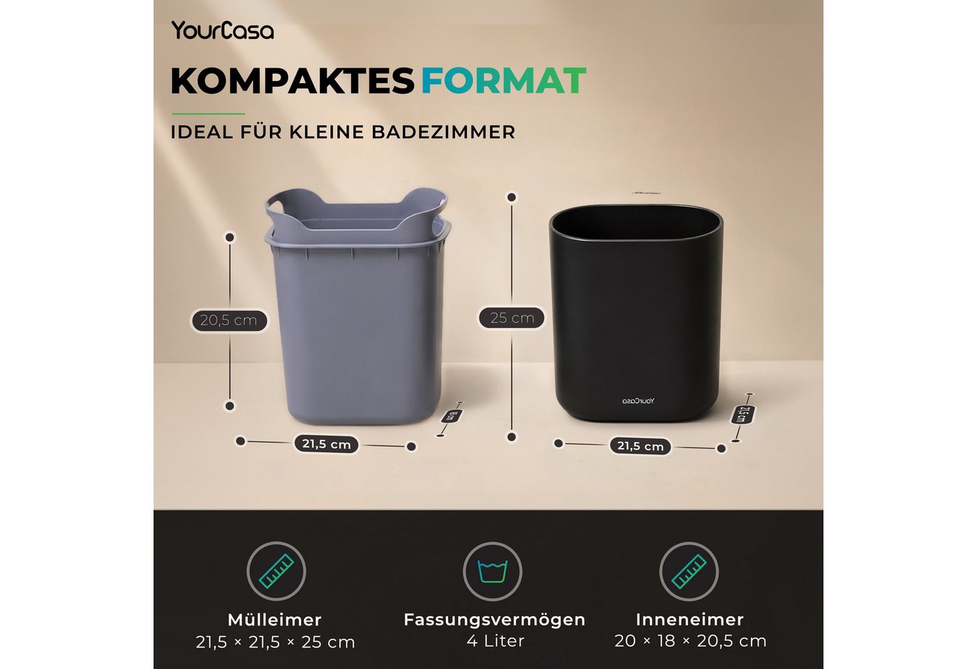 YourCasa Mülleimer Badezimmer Mülleimer 4L mit Deckel, Kosmetikeimer Bad, Push-Deckel, herausnehmbare Inneneimer, pulverbeschichtete Stahlgehäuse – Bild 5 von 5
