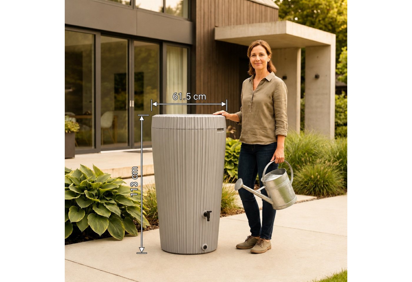 YourCasa Regentonne 210 Liter EcoVase, Bepflanzbar, Wasserhahn, Regenwassertank, Frostsicher, Deckel abnehmbar, 210L – Bild 2 von 5