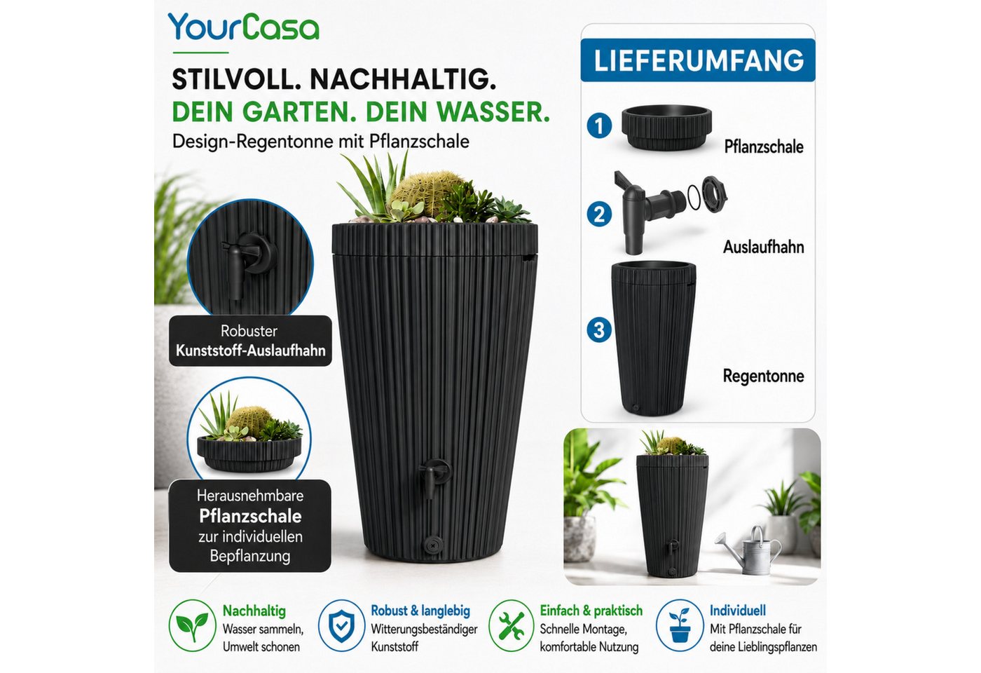 YourCasa Regentonne 210 Liter EcoVase, Bepflanzbar, Wasserhahn, Regenwassertank, Frostsicher, Deckel abnehmbar, 210L – Bild 3 von 5