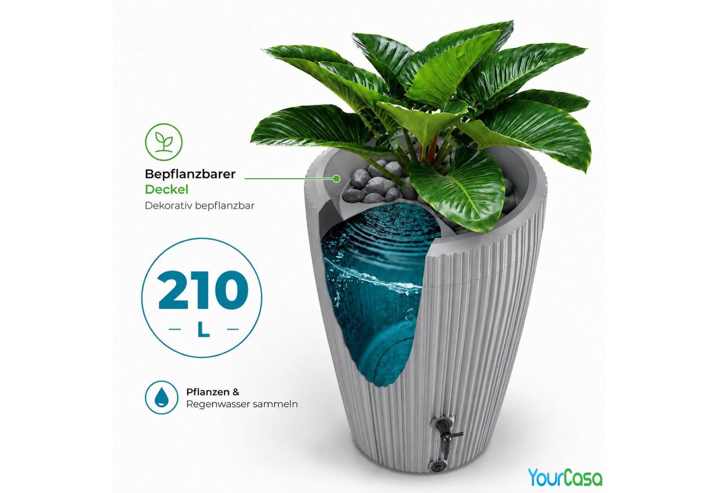 YourCasa Regentonne 210 Liter EcoVase, Bepflanzbar, Wasserhahn, Regenwassertank, Frostsicher, Deckel abnehmbar, 210L – Bild 4 von 5