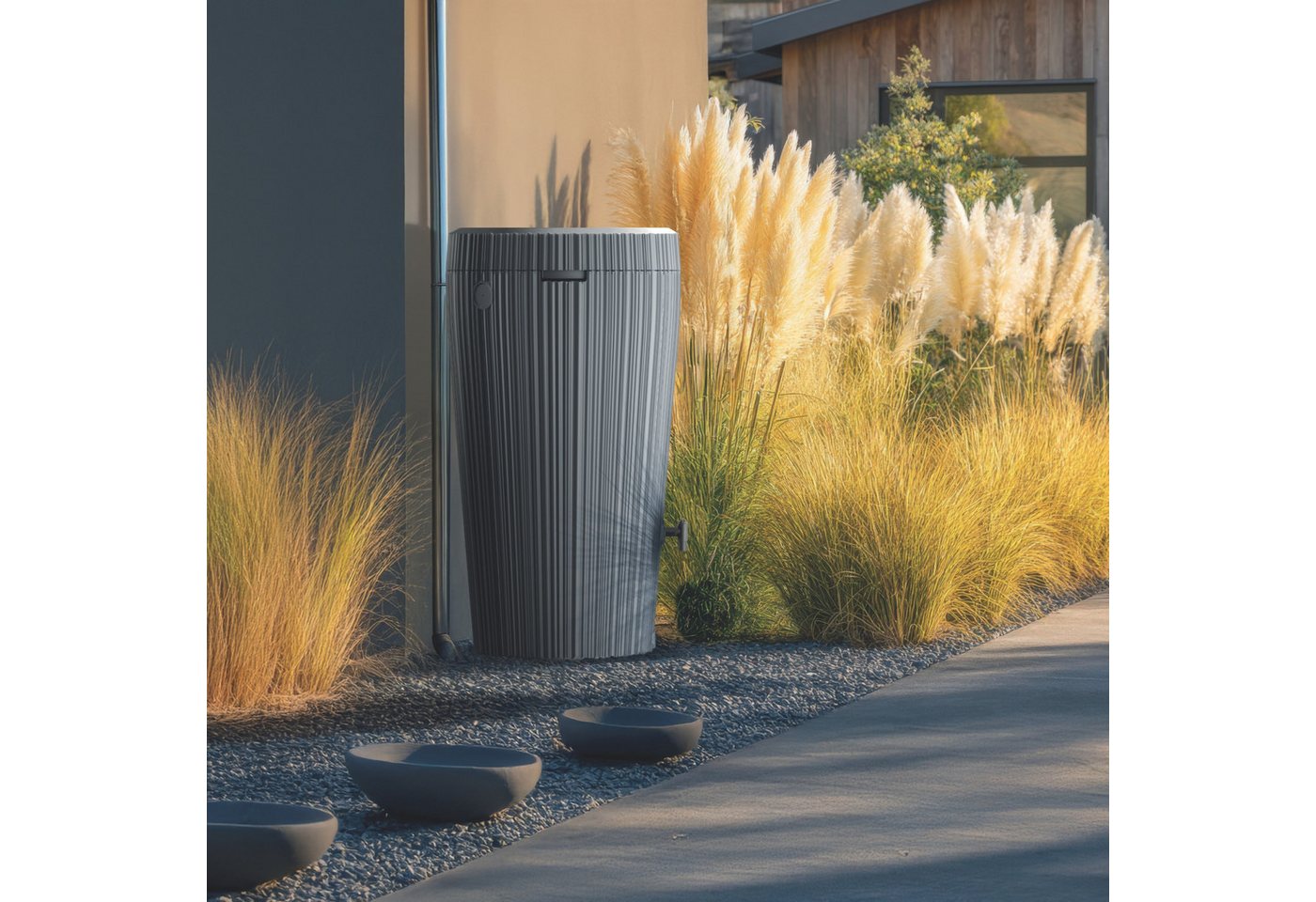 YourCasa Regentonne 210 Liter EcoVase, Bepflanzbar, Wasserhahn, Regenwassertank, Frostsicher, Deckel abnehmbar, 210L – Bild 5 von 5